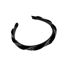 Französisches Vintage-Luxus-Haarband mit Strasssteinen und schwarzem Flechtdesign für Damen