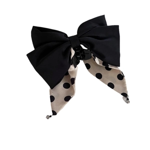French style black satin bow hair clip with polka dot ribbons and bead charms
