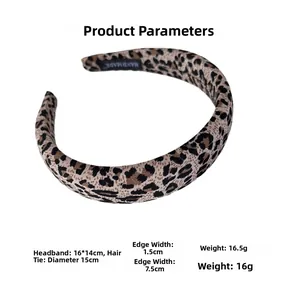 Detail showing dimensions and specifications of leopard print headband and scrunchie set