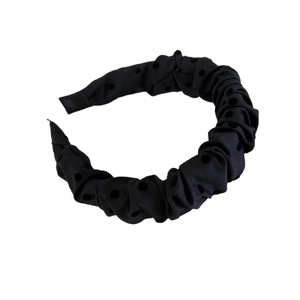 Elegant wide black headband with pleated texture and flocked polka dot pattern details