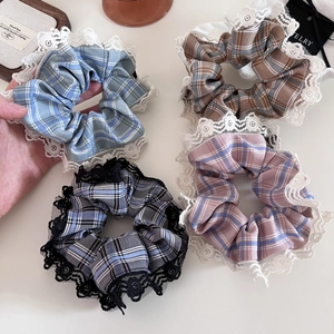 Vintage Sweet Plaid Lace Scrunchies Korean Style Checkered Elastic Hair Ties Large Fabric Hair Ring For Women Girls