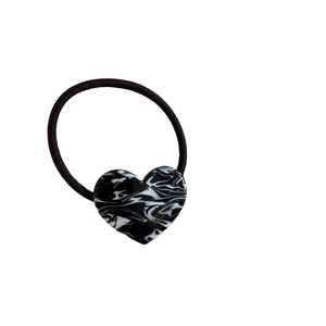 Black elastic hair tie with marble pattern acetate heart charm and France gold lettering