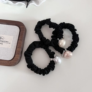 French minimalist black hair scrunchies with elegant pearls for women in 3-piece set