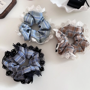 Three-piece set of retro plaid scrunchies with delicate lace edges and floral embroidery