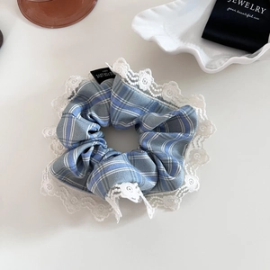 Blue plaid scrunchie with white lace trim and retro Korean style for women