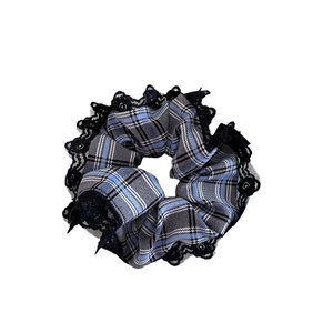 Retro blue plaid scrunchie with black floral lace trim for elegant ponytails