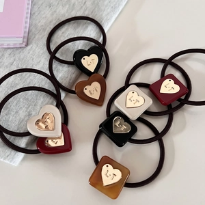 Elastic hair ties with geometric resin hearts and squares in assorted colors