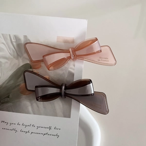 French style ribbon bow hair clips in light pink and mauve resin with gold lettering
