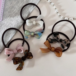 Set of 6 elegant acetic acid resin bow hair ties in assorted colors with pearl accents