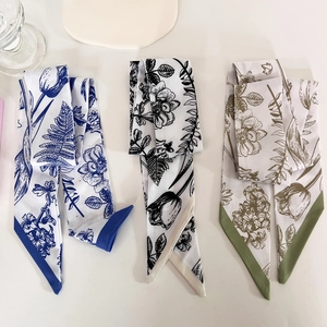 French Vintage Floral Print Satin Skinny Scarf For Women Botanical Tulip Pattern Hair Ribbon Bag Handle Streamer Decorative Necktie