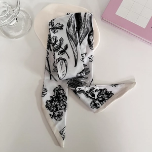 Minimalist floral twilly silk scarf with black flower print on white background