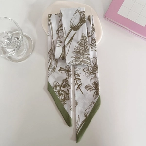 Floral print long skinny silk scarf in ivory and olive green for hair and bags