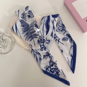 Floral skinny silk scarf with blue botanical print on white background for hair or bag