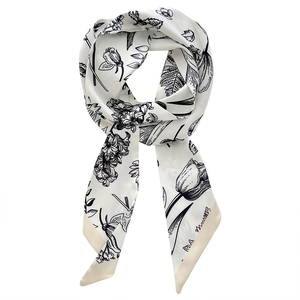 Elegant floral silk scarf hair tie with black tulip patterns and champagne trim