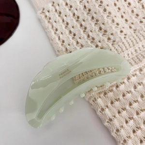 Détail de la pince à cheveux vert clair avec lettrage France Handmade élégant