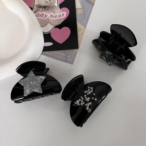 Three-piece set of Y2K millennium style black star hair claws with glitter and sequins