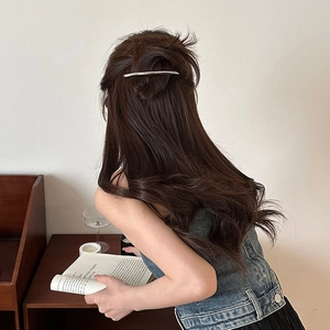 Close-up of minimalist silver metal hair clip worn on model with elegant styling