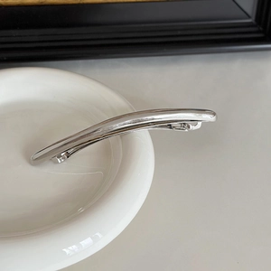 Detailed view of a sleek minimalist silver metal spring clip with polished finish