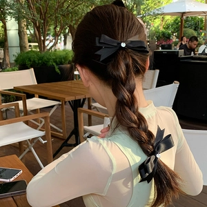Elegant Black Satin Bow Hair Clip Vintage Fabric Ribbon Barrette With Metal Decor For Women Daily Sweet Headwear Accessories
