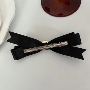 Elegant black satin double-layered bow hair clip with silver metal duckbill clip