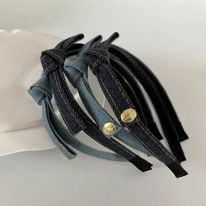 Vintage denim knot headband set with gold button accents in light and dark blue wash
