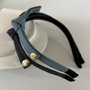 Retro Denim Bow Knot Headband For Women Vintage Fabric Hair Band With Metal Label Gold Accent Niche Hair Accessories