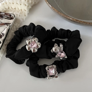 Black Satin Scrunchies With Silver Alloy Bear Flower Square Pink Rhinestone Charm Korean Style Elastic Hair Tie Women