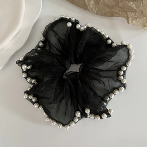 Elegant Large Organza Hair Scrunchie With Artificial Pearl Trim Mesh Ruffled Ponytail Holder Retro Sweet Women Hair Accessories