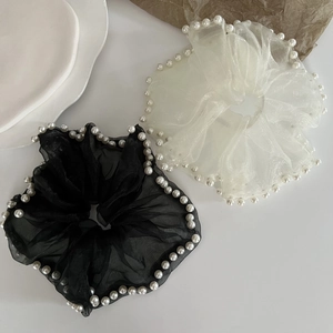 Oversized organza scrunchies in black and beige with elegant pearl trim set of 2