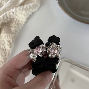 Set of two black scrunchies with silver metal bear and flower with pink heart crystals