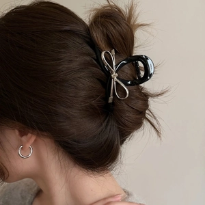 Elegante pinza per capelli nera con fiocco in metallo argento per acconciature
