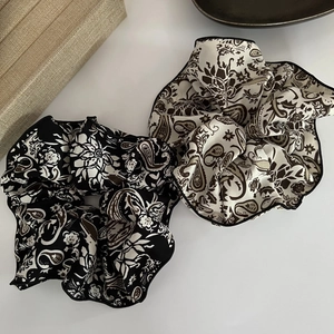 French style satin paisley hair scrunchies set with black and white floral patterns