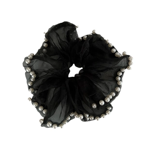 Elegant black organza scrunchie featuring white pearl beads on a clean white background