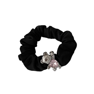 Black scrunchie hair tie with silver metal bear and pink heart crystal decoration