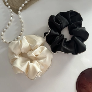 French Style Satin Scrunchies Artificial Pearl Rhinestone Edge Elegant Hair Ties Women Ponytail Holders Daily Hair Accessories
