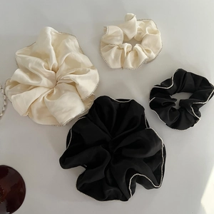 French style satin scrunchies with pearls and crystals in black and cream white colors