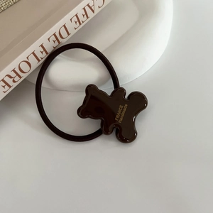 Cute brown bear hair tie with high elastic band and gold handmade lettering charm