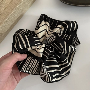 Oversized French style black and white striped satin scrunchie hair tie for women