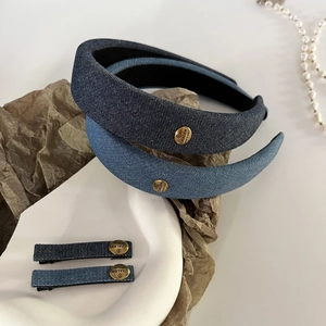 Vintage Denim Fabric Padded Headband And Hair Clip With Gold Metal Label American Retro Style Hair Accessories For Women