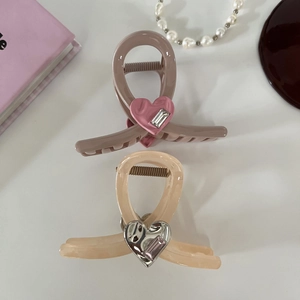Elegant hair claw clip set with heart charms and rectangular crystals in pastel colors