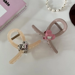Elegant heart hair claw clip with square rhinestone in apricot and mauve pink colors