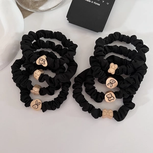 Simple Cute Bear Rabbit Fabric Scrunchies Black Elastic Hair Bands Cartoon Alloy Charm Ponytail Holder For Women Girls