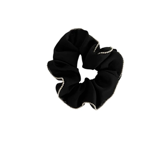 Elegant black satin scrunchie with silver bead accents and pleated ruffled design