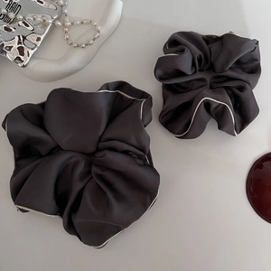 Elegant grey satin hair scrunchies with white contrast piping in large and medium sizes
