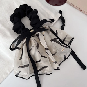 French style oversized chiffon bow scrunchie with long printed ribbons for elegant hairstyles