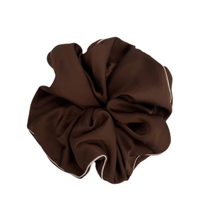 French style coffee satin oversized scrunchie with white contrast piping for women