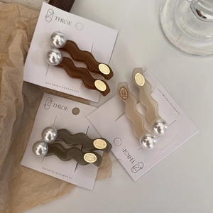 French style wave pearl hair clips in caramel brown, army green and cream white colors