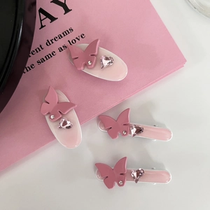 Pince à Cheveux Papillon Cœur en Strass Rose pour Femmes Douce Pince à Bec de Canard Latérale en Alliage Faite à la Main