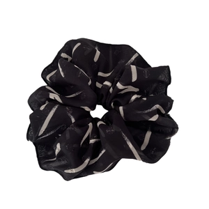French style oversized black chiffon hair scrunchie with white print and bow design