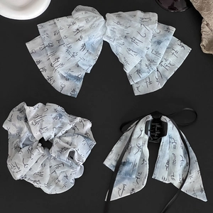 Elegant Chinese ink print bow hair clip set with scrunchie and ribbon claw clip